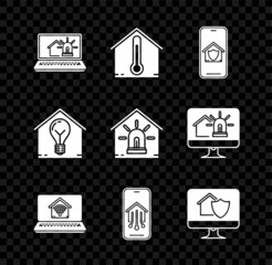 Set Laptop with smart house and alarm, House temperature, Mobile phone under protection, home wi-fi, Computer monitor, Smart light bulb and icon. Vector