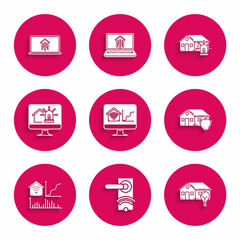 Set Computer monitor with smart home with wi-fi, Digital door lock wireless technology for unlock, Smart house and light bulb, House under protection, alarm, and Laptop icon. Vector