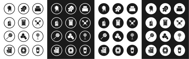 Fototapeta premium Set Beekeeper with protect hat, Hive for bees, Jar of honey and honey dipper stick, Honeycomb, honeycomb, Flower and icon. Vector