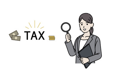 税金　税理士　スーツ姿の女性　調べる　納税　節税　　確定申告　チェック　イラスト素材