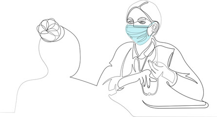 Continuous line drawing of doctor with stethoscope, professional female doctor wearing glasses and safe mask uniform taking notes in medical journal. Line concept outline vector illustration