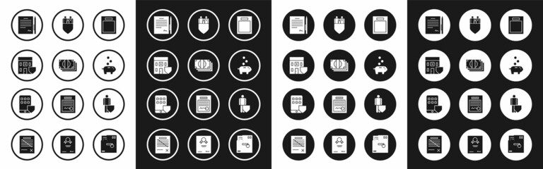 Set Empty form, Stacks paper money cash, Medical hospital building with shield, Contract pen, Piggy bank coin, Family insurance, Life and Smartphone icon. Vector