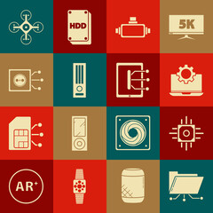 Set Folder and lock, Processor, Laptop gear, Virtual reality glasses, Video game console, Remote control, Drone and Tablet icon. Vector