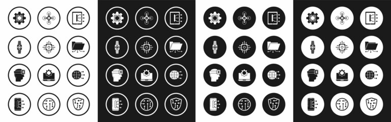Set Tablet, Processor, Smartwatch, Folder and lock, Drone, Global technology social network and Virtual reality glasses icon. Vector