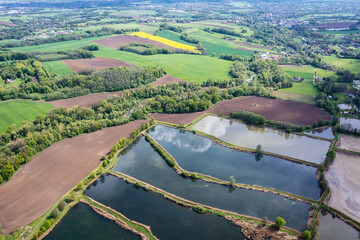 Aerial view of fishponds in Miedzyrzecze Gorne village in Silesia region, Poland