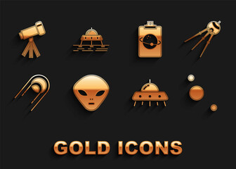Set Alien, Satellite, Solar system, UFO flying spaceship, Planet, Telescope and Mars rover icon. Vector