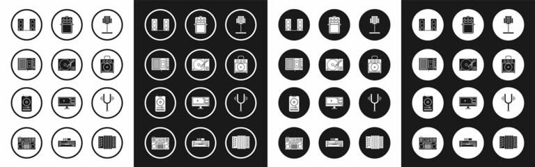 Set Music stand, Vinyl player with vinyl disk, tape, Stereo speaker, Guitar amplifier, pedal, Musical tuning fork and icon. Vector