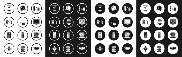 Set Digital door lock with wireless technology for unlock, Industrial machine robotic arm, Wireless Controlling CCTV security camera, Bot, Robot vacuum cleaner, and Smart home icon. Vector