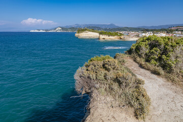 Aerial view from cliff of so called Channel of Love, famous bay in Sidari town on Corfu Island, Greece