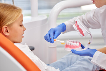 young professional orthodontist holding human dental jaw in hands, explaining to child patient, before treatment. cropped female dentist in blue gloves consulting patients in hospital, talk