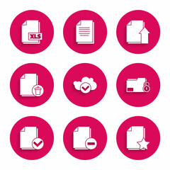 Set Cloud with check mark, Document minus, star, Folder and lock, Delete file document, Upload and XLS icon. Vector