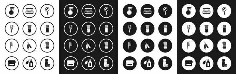 Fototapeta premium Set Hand mirror, Shaving brush, Hairdresser pistol spray bottle, gel foam, Barbershop, and Hairbrush icon. Vector