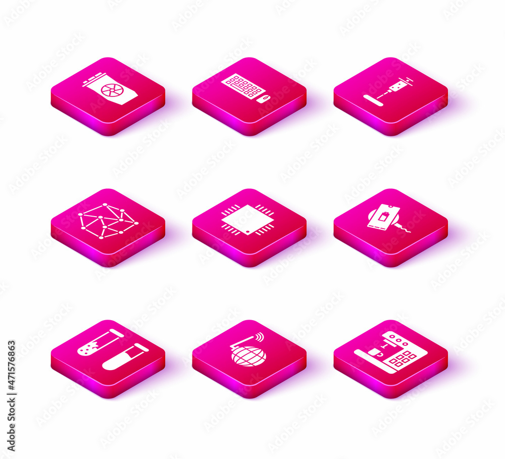 Poster set test tube and flask, social network, neural, processor with microcircuits cpu, coffee machine, w