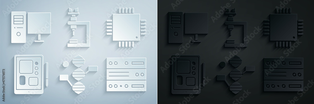 Poster set dna symbol, processor with microcircuits cpu, graphic tablet, server, data, web hosting, microsc