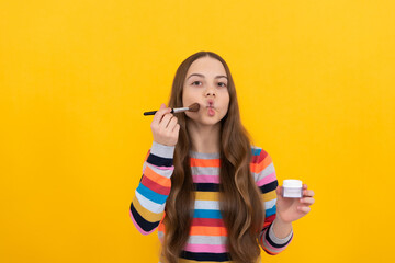 Funky beauty. Funny child apply makeup making fish lips. Makeup and visage. Childrens cosmetics