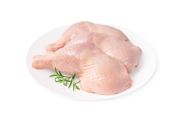 Fresh chicken legs.Three raw whole chicken legs on a white plate on a white isolated background.