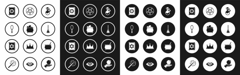 Set Bottle with love potion, Witch cauldron, Magic hand mirror, Ancient magic book, Witches broom, Pentagram in circle, and icon. Vector
