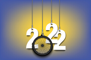 Numbers 2022 and bike wheel as a Christmas decorations are hanging on strings. New Year 2022 are hang on cords. Template design for greeting card. Vector illustration on isolated background