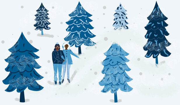 Lesbian couple searching for Christmas tree in the snow