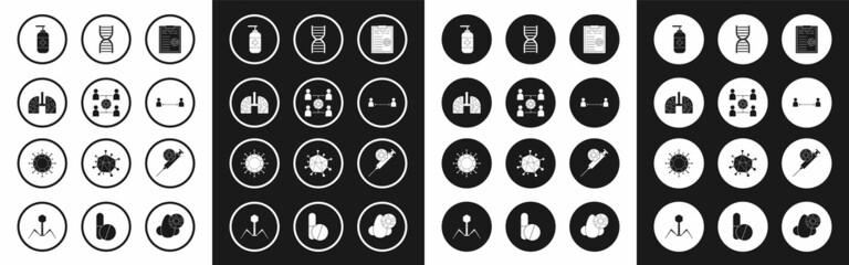 Set Clipboard with blood test results, Virus spread, cells in lung, Bottle of liquid antibacterial soap, Safe distance, DNA symbol, Syringe and virus and icon. Vector
