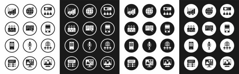 Set Training, presentation, Online book, class, Pie chart infographic, Laptop, Location the globe, Computer network and Mobile phone icon. Vector