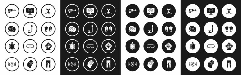 Set Whale tail in ocean wave, Snorkel, Scallop sea shell, Fishing harpoon, Rubber flippers, Aqualung and Turtle icon. Vector