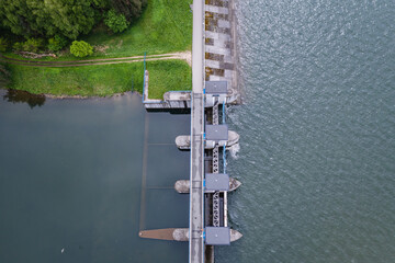 Drone aerial photo of dam of Goczalkowice Reservoir in Silesian Province of Poland