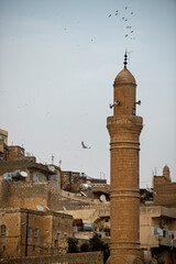 Limestone earth minaret of turkish mosque at sunset with birds hovering overhead