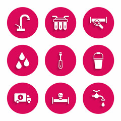 Set Screwdriver, Industry pipe and manometer, Water tap, Bucket, Plumber service car, drop, metallic and icon. Vector