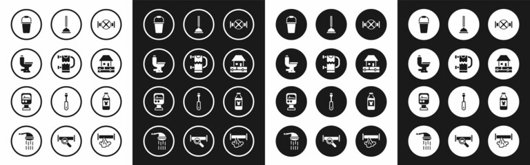 Set Industry pipe and valve, Heated towel rail, Toilet bowl, Bucket, Water supply pipes, Rubber plunger, Bottle for cleaning agent and Pressure water meter icon. Vector