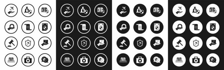 Set House with shield, Document, Lifebuoy in hand, Plane, Calendar, Money, Delivery insurance and Judge gavel icon. Vector