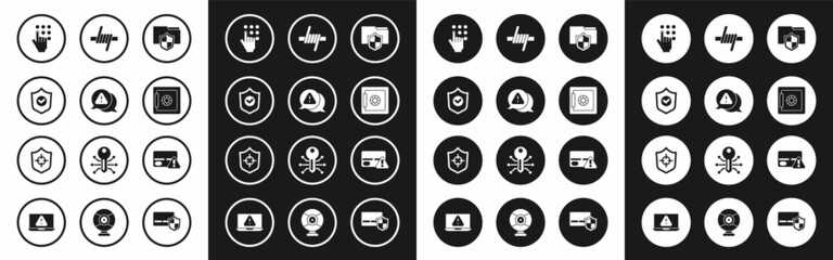 Set Document folder protection, Exclamation mark in triangle, Shield with check, Password, Safe, Barbed wire, Credit card and icon. Vector