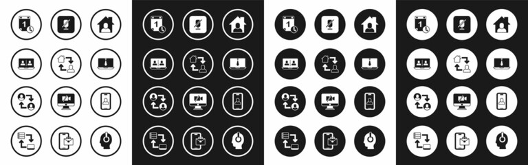 Set Online working, Video chat conference, Time management, Mute microphone, and Project team base icon. Vector