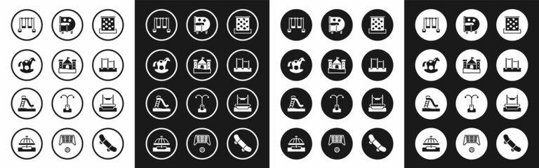 Set Climbing wall, Sand castle, Horse saddle swing, Double, Horizontal bar, Kid playground slide pipe, Bungee and icon. Vector