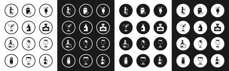 Set Cocktail, Glass bottle of vodka, Martini glass, Champagne and, Alcohol drink Rum, shaker with lime, Wine and Whiskey icon. Vector