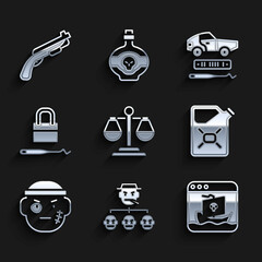 Set Scales of justice, Mafia, Internet piracy, Canister fuel, Bandit, Lock picks for lock picking, Car theft and Police shotgun icon. Vector