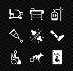 Set Electric wheelchair, Stretcher, IV bag, Woman in, Dog, Separated toilet for disabled, Crutch crutches and Joint pain, knee pain icon. Vector