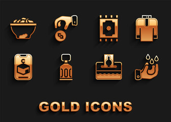 Set Ramadan Kareem lantern, Shirt kurta, Wudhu, Donate or pay your zakat, Star and crescent, Traditional carpet, Date fruit in bowl and icon. Vector