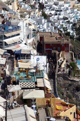 Beautiful Greek island Santorini and center town Fira, Greece. Santorini in the southern Aegean Sea, about 200 km southeast from the Greek mainland.
