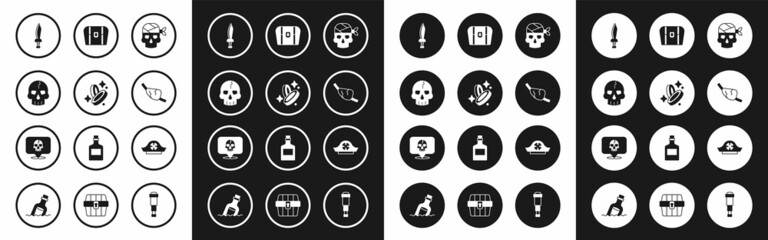 Set Pirate captain, coin, Skull, sword, eye patch, Antique treasure chest, hat and icon. Vector