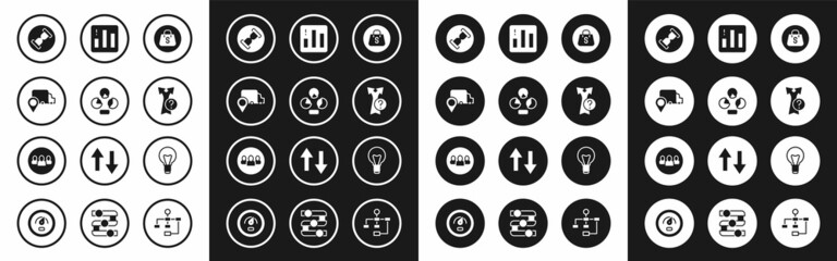 Set Shopping bag with Sale, Pie chart infographic, Delivery tracking, Old hourglass sand, Arrow, Light bulb and Project team base icon. Vector