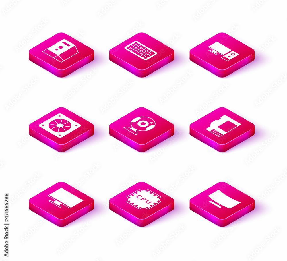 Poster Set Computer monitor screen, Processor with CPU, cooler, Web camera, SD card, and Keyboard icon. Vector