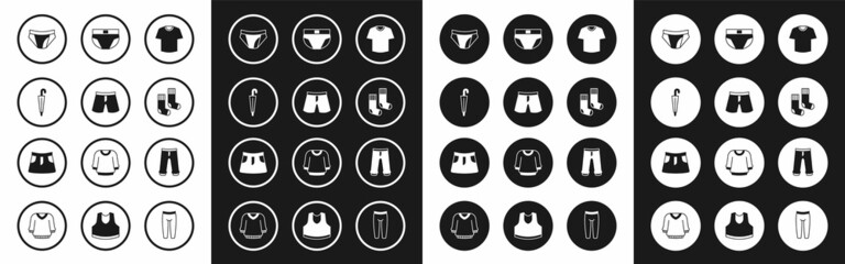 Set T-shirt, Short or pants, Umbrella, Men underpants, Socks, Pants and Skirt icon. Vector