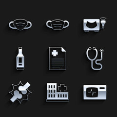 Fototapeta premium Set Patient record, Hospital building, Monitor with cardiogram, Stethoscope, Joint pain, knee pain, Digital thermometer, Ultrasound and Medical protective mask icon. Vector