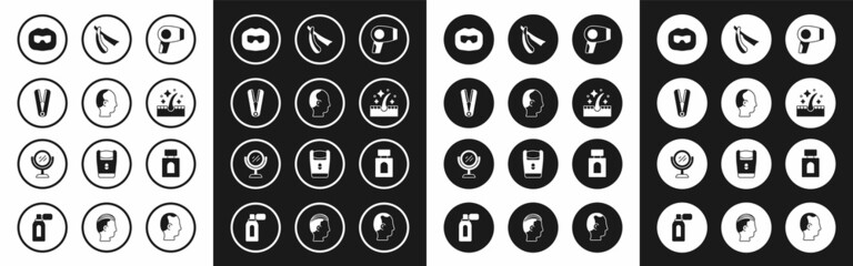 Set Hair dryer, Baldness, Curling iron for hair, Mustache and beard, Oil care treatment, Straight razor, Aftershave and Hand mirror icon. Vector