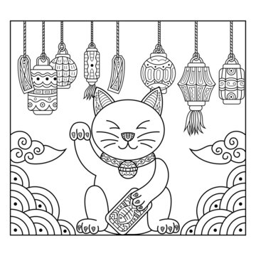 Hand drawn of maneki neko in zentangle style