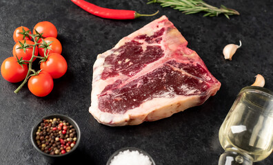 Raw t-bone steak with spices on a stone background. dry-aged steak