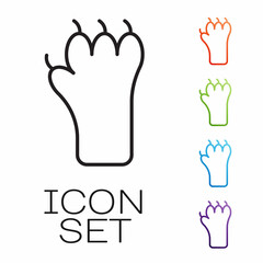 Black line Paw print icon isolated on white background. Dog or cat paw print. Animal track. Set icons colorful. Vector