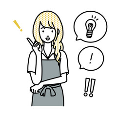 立って素晴らしいアイデアをひらめいたカフェ店員の女性 フキダシに電球と感嘆符のセット