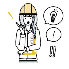 立って素晴らしいアイデアをひらめいた工事現場の女性 フキダシに電球と感嘆符のセット